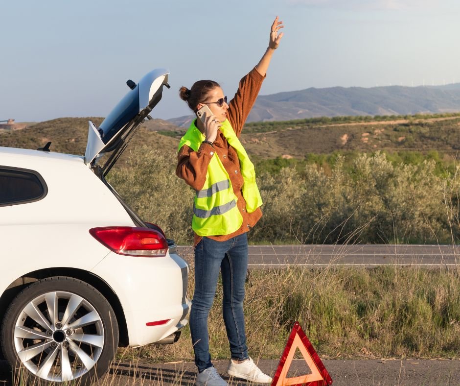 Woman in reflective vest on the side of the road